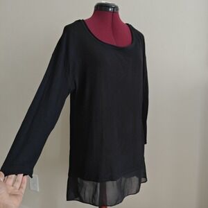 Cupio Womens Black Sheer Hem 3/4 Sleeve Tunic Long Sweater Top Lightweight